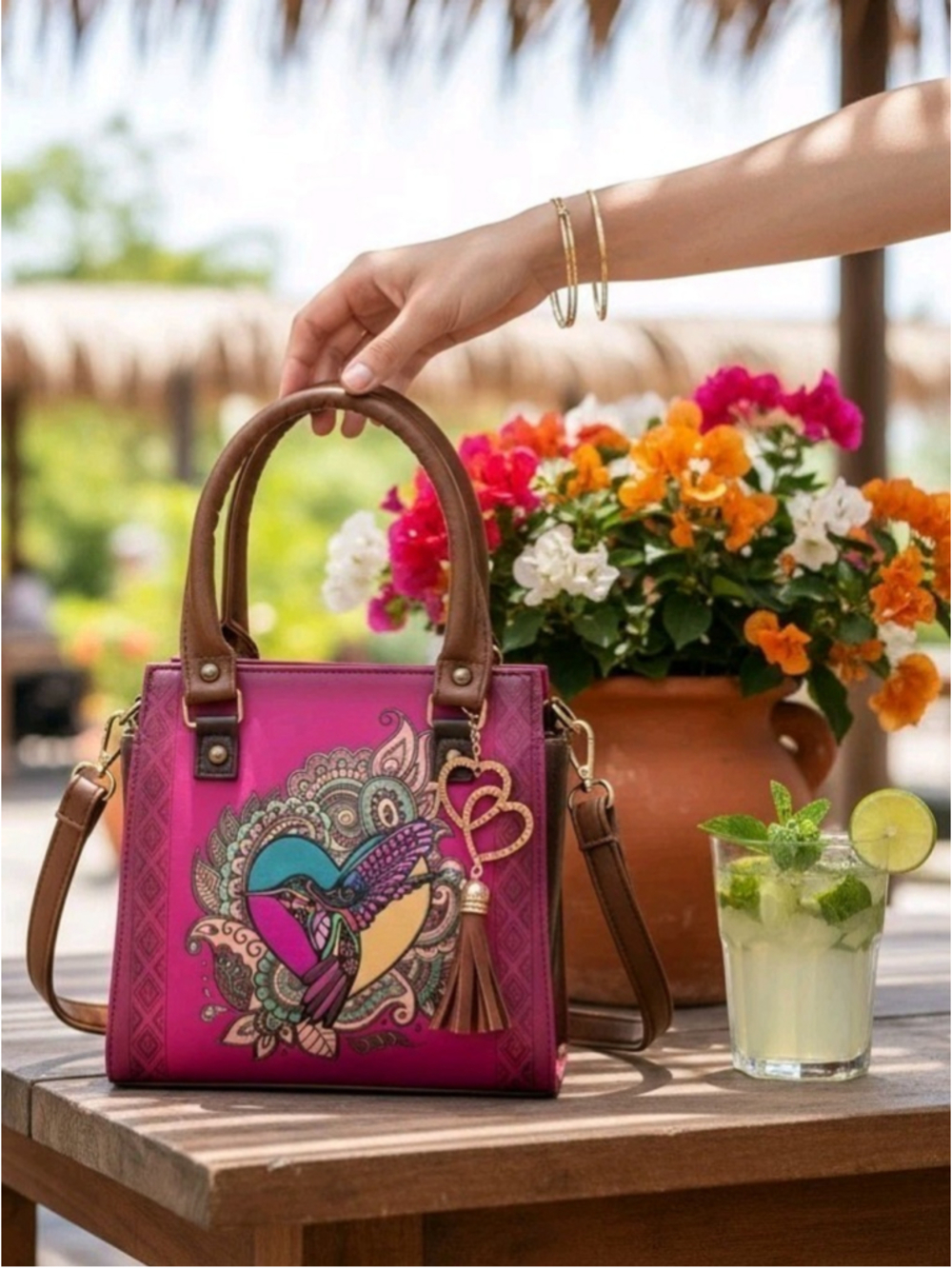 Mexican Hummingbird Embossed VEGAN Leather Handbag – Magenta Pink & Cognac Brown
